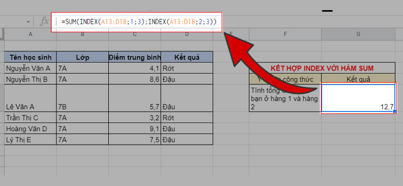 Kết hợp INDEX với SUM